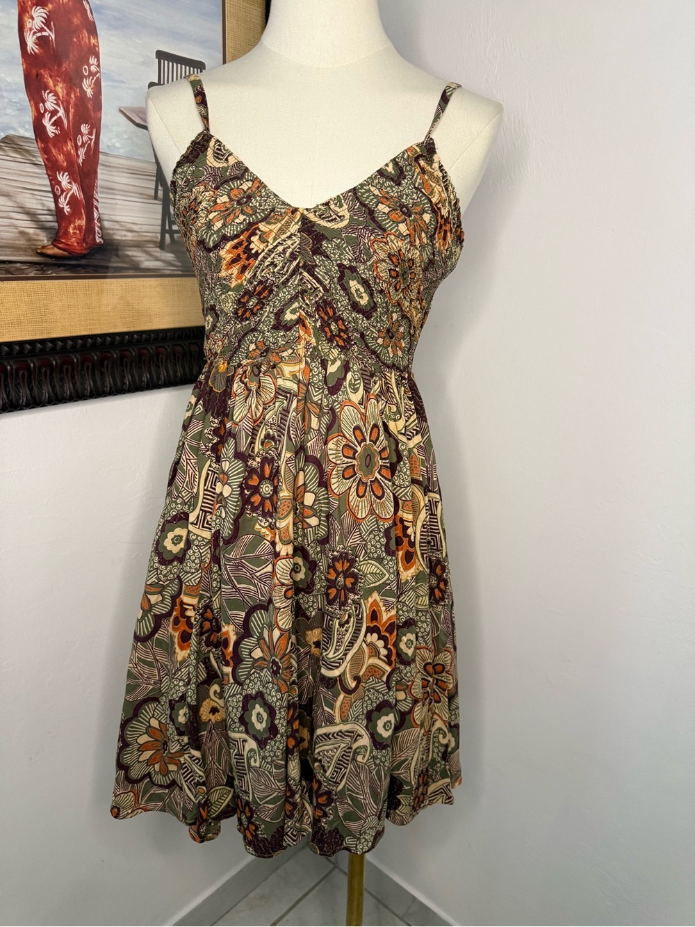 Angie Floral Smocked Spaghetti Strap Mini Dress in Olive, Orange & Brown